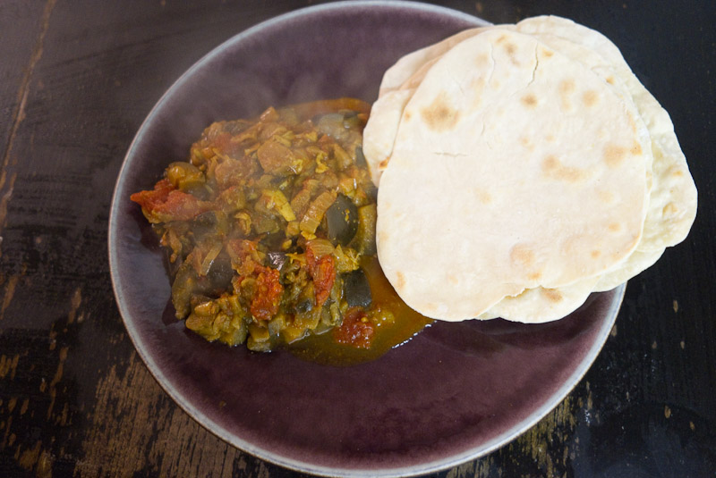 Aubergine and tomato Masala with Chapatti